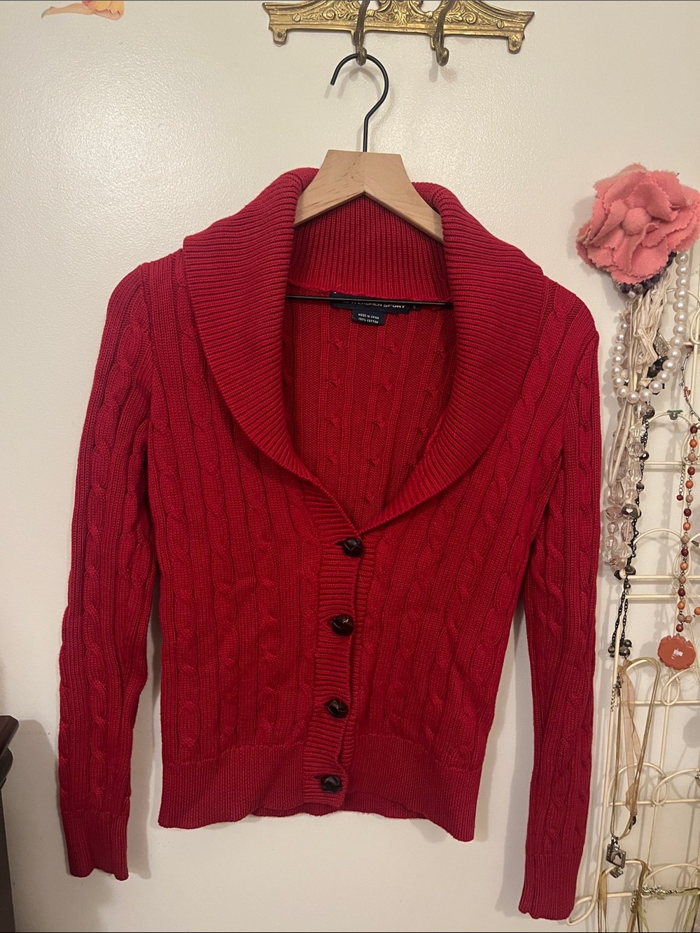 Ralph Lauren Red Cable-Knit Shawl Collar Cardigan